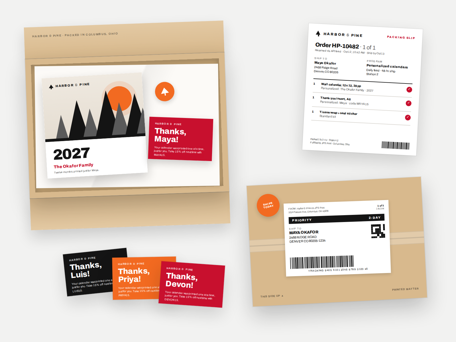 Fulfillment and personalization examples including personalized calendars, packing slips, shipping labels and direct mail packages for Harbor & Pine
